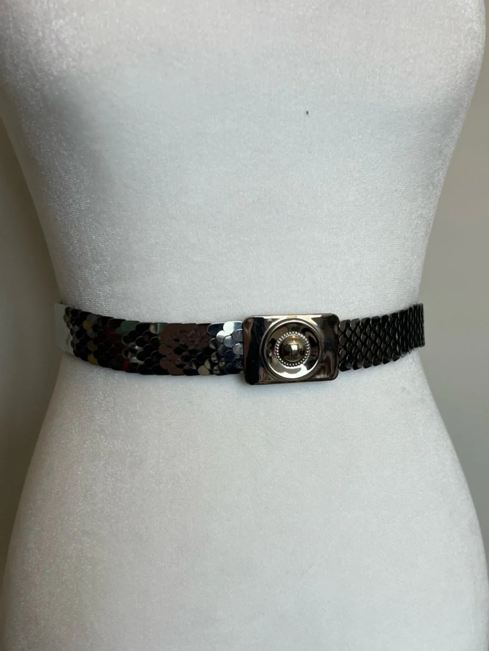 70s Silver Tone Fish Scale Belt‎ with Decorative Silver Buckle Vintage